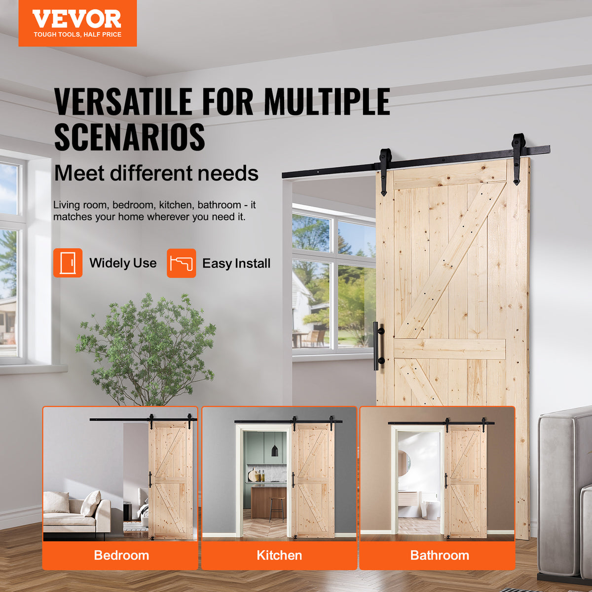 VEVOR Barn Door and Hardware Kit, 30/36" x 84" Wood Sliding Barn Door, Smoothly and Quietly, Barn Door Kit with 8-in-1 Floor Guide and Door Handle, Spruce Wood Panelled Slab, Easy to Install