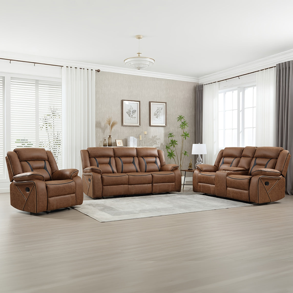 Faux Leather Manual Recliner Set: 3-Seat Sofa, Loveseat, Recliner Chair for Living Room And Meeting Room