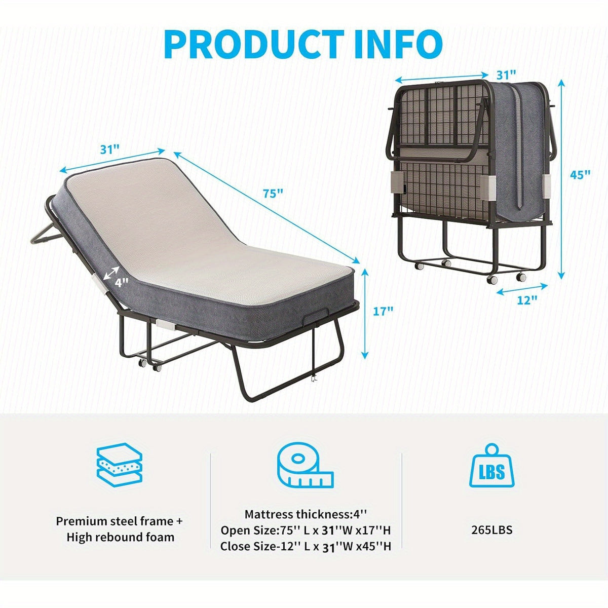 Folding Bed with 4 Inch Memory Foam Mattress, Single Rollaway Bed for Guests, Space Saving Portable Bed with Lockable Wheels, Easy Assembly& Moving, 75 x 31(Standard)
