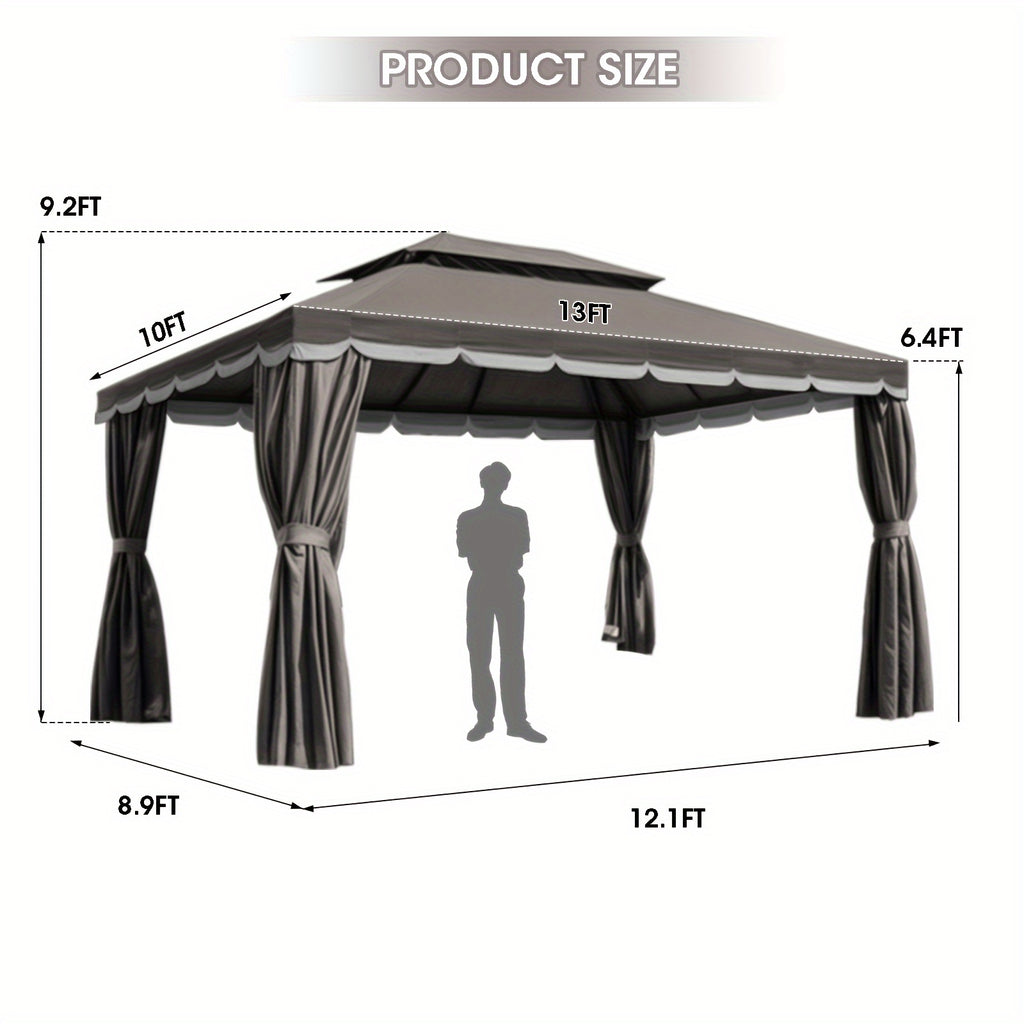 10'x13' Heavy-Duty Outdoor Patio Gazebo with Double Roof, Party Tent Suitable for Backyard, Deck, Garden - Assembly, Mosquito Netting & Curtains, Spacious Shelter for Parties, BBQs, Outdoor Events