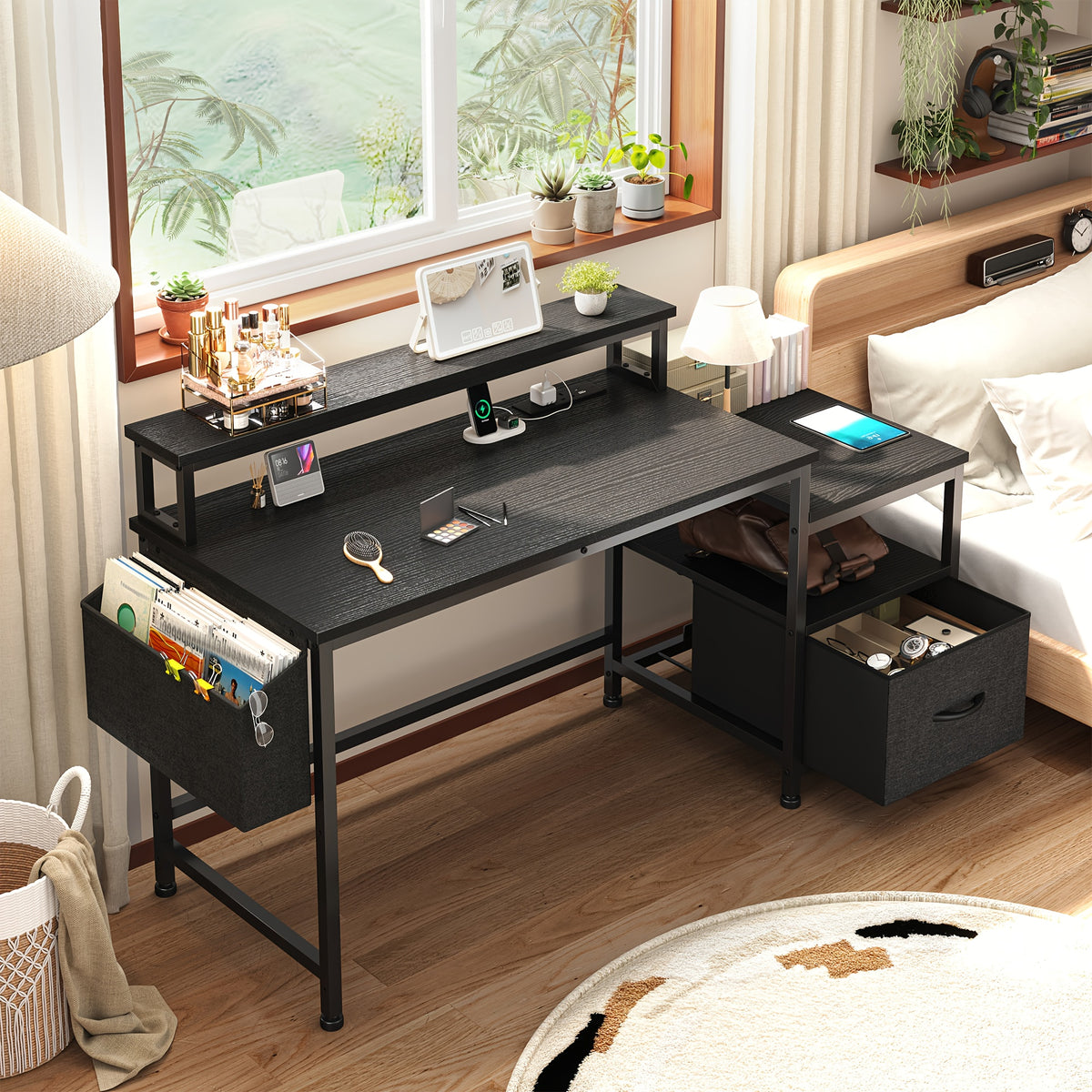 EnHomee 57" Computer Desk With Drawers And Printer Space, Office Desk With Power Outlets, Home Office Desks With File Drawers Cabinet, Study Writing And Gaming Desk With Shelves Monitor Stand