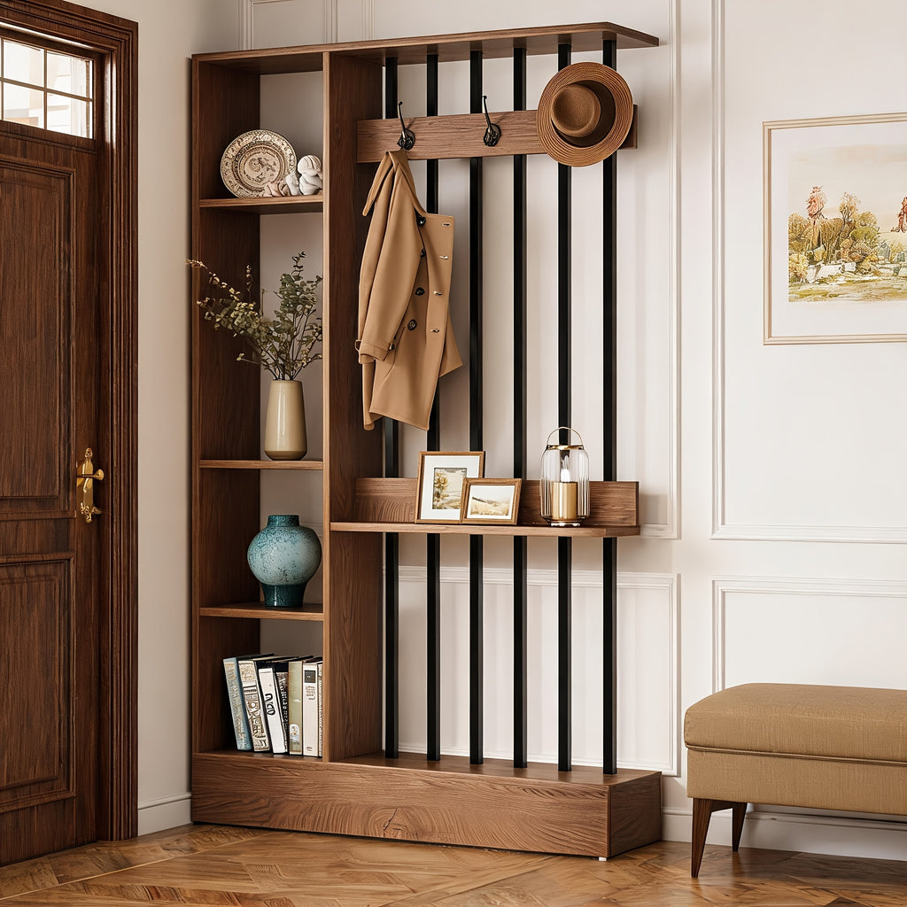 71' Wood Freestanding Room Divider, Wall Partition Bookcase with Shelves & Coat Hooks, Modern Decorative Screen for Home & Office, Brown