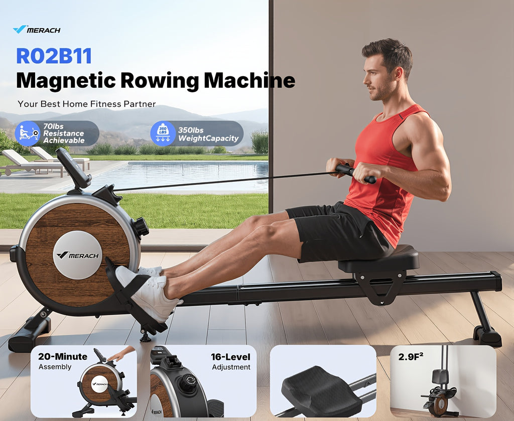 MERACH Home Rowing Machine with Magnetic Quiet Resistance, 16 Adjustable Levels, 350lbs Weight Capacity, Bluetooth App Sync, And Smooth Dual Rails