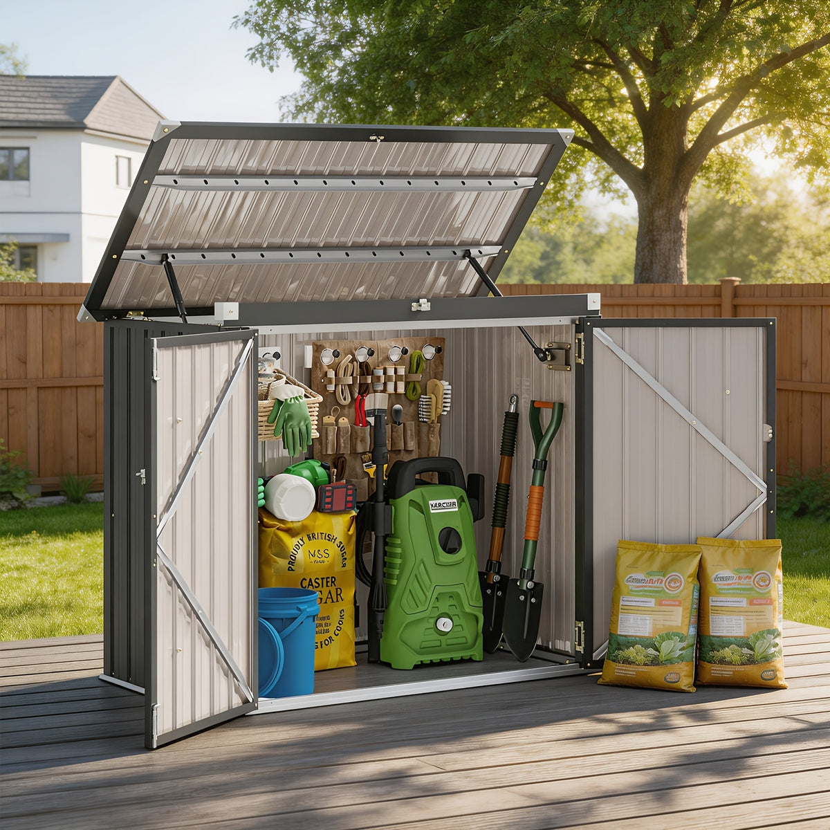 UFFIGAMA Lockable Outdoor Trash Can Storage Shed - 4.93 X 2.6ft Metal Garbage Bin Enclosure with Chain Lid, Waterproof & Weather-Resistant, Ideal for Trash Cans, Lawn Mower, And Garden Tools, Perfect for Backyard & Patio