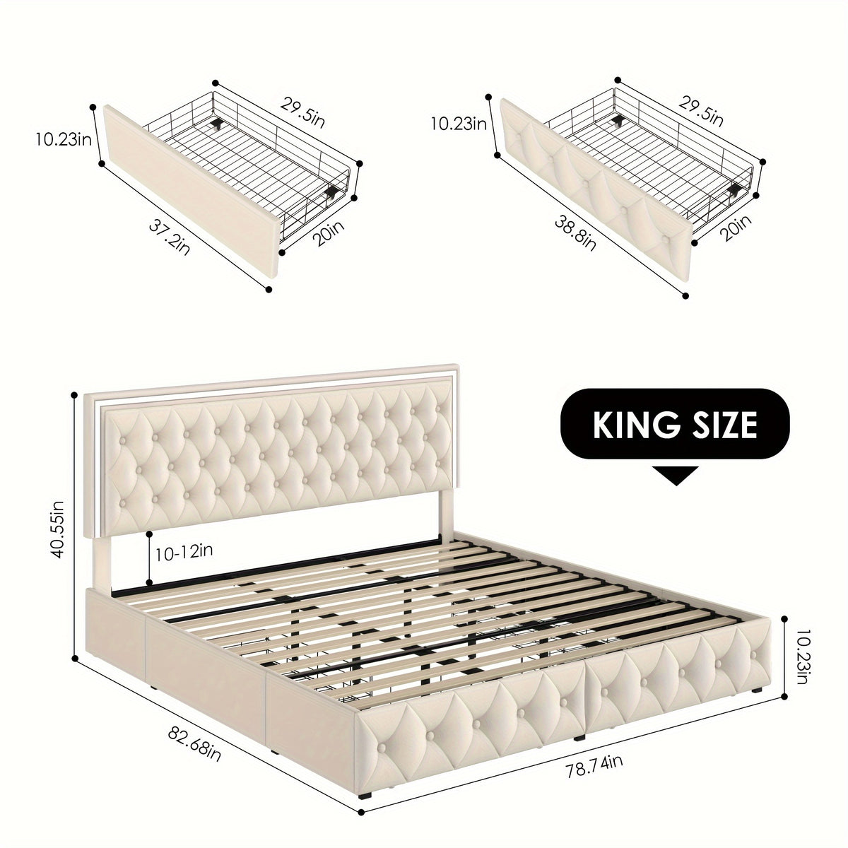 Full/Queen/King Size Modern Bed Frame with LED Headboard & 4 Storage Drawers - Upholstered Platform Bed, Button Tufted Headboard Suitable for Beige/White/Black - Assembly, No Box Spring Needed, Wood-Free