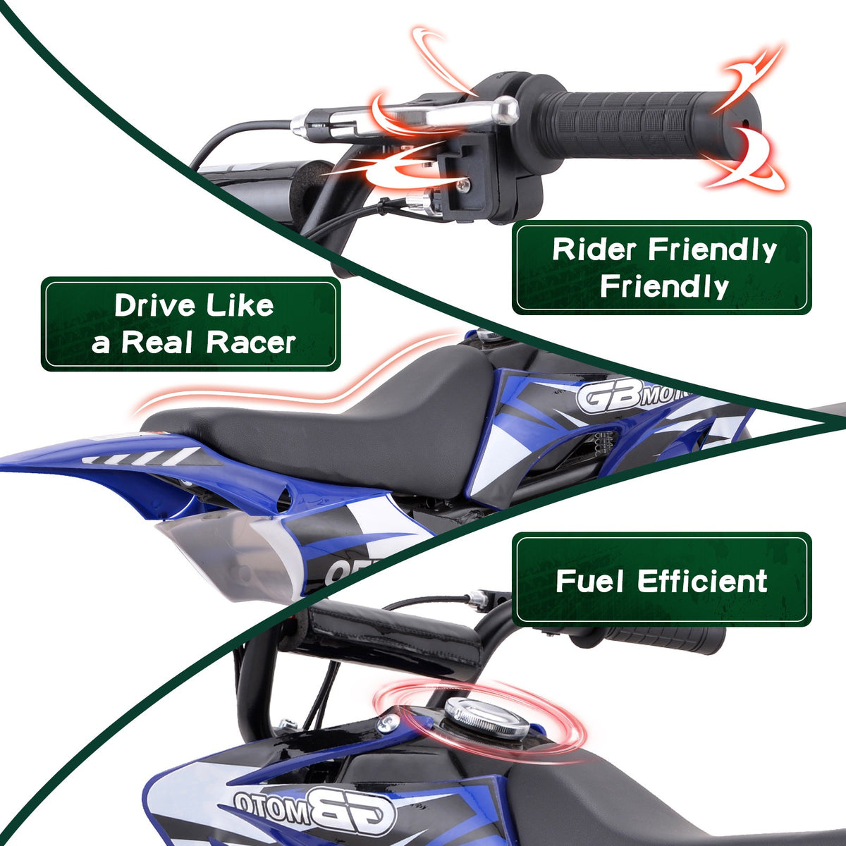 Mini off-road bike, 41CC four stroke gasoline bike (model: DB001), equipped with off-road tires, suspension, disc brakes, maximum load of 160Lbs, top speed of 18Mph, gloves and face cloth included