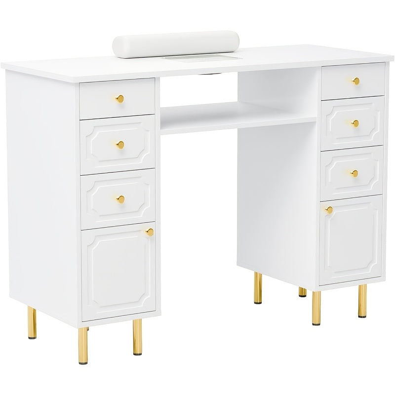 43.3''L Nail Desk for Nail Tech, Manicure Table with Storage Drawers & Wrist Cushion, Acetone Resistant for Salon and Home Nail Station