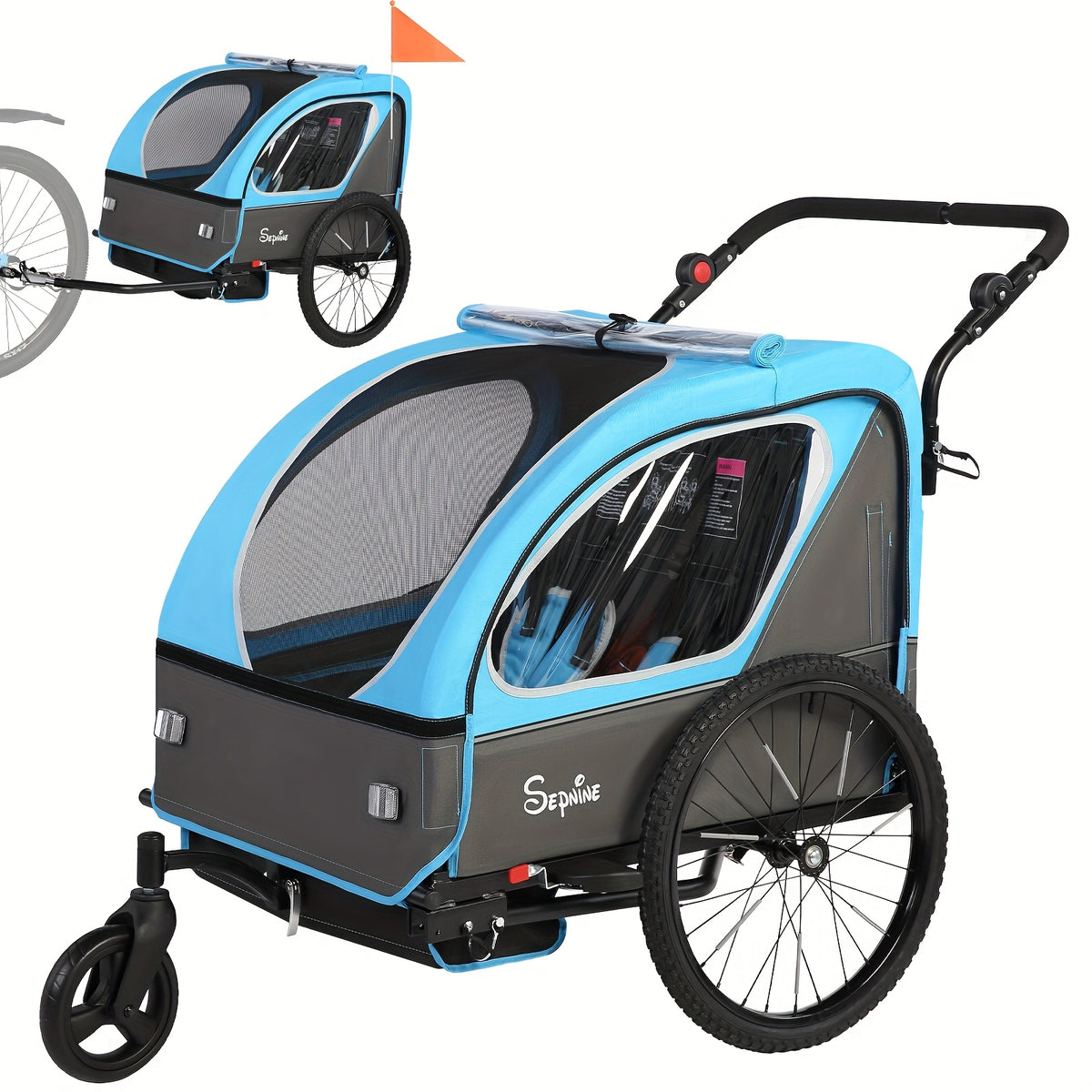 MOJAY Bike Trailer for Kids, 2 In1 Canopy Carrier Converts to Stroller, Suitable for 1 to 2 Toddlers, Kids, Quick Attach to Bike, Foldable, with 5-Point Harness And Storage Bags