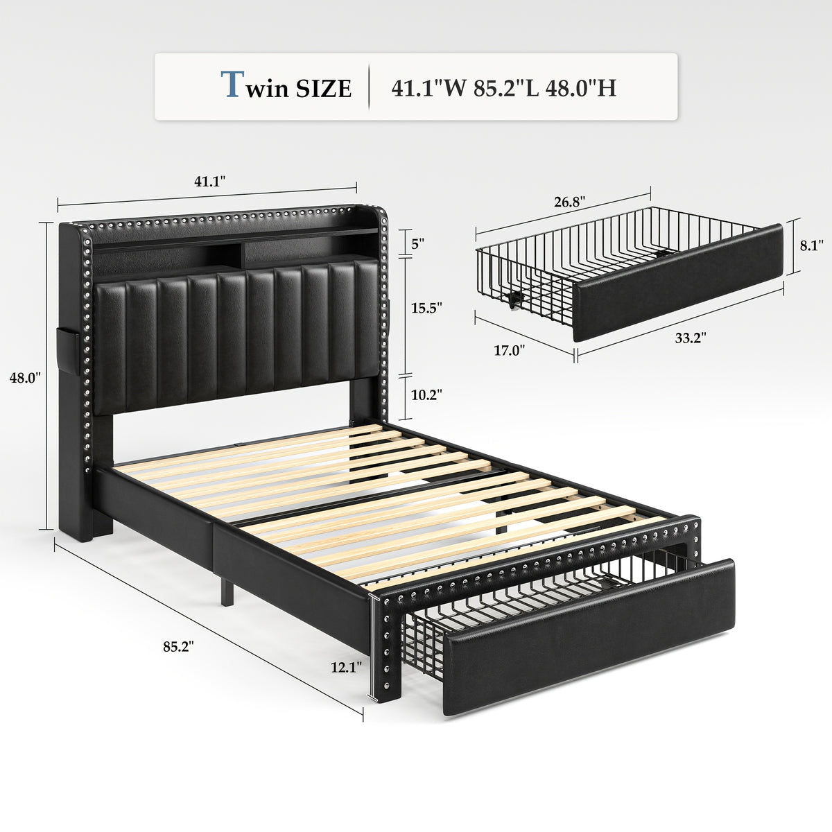 King Size Upholstered Bed Frame with Storage, 2-Tier Headboard And 2 Drawers, Sturdy Wood Slats, No Box Spring Needed, Noise-Free, Modern Grey/Beige, Easy Assembly, Space Saving
