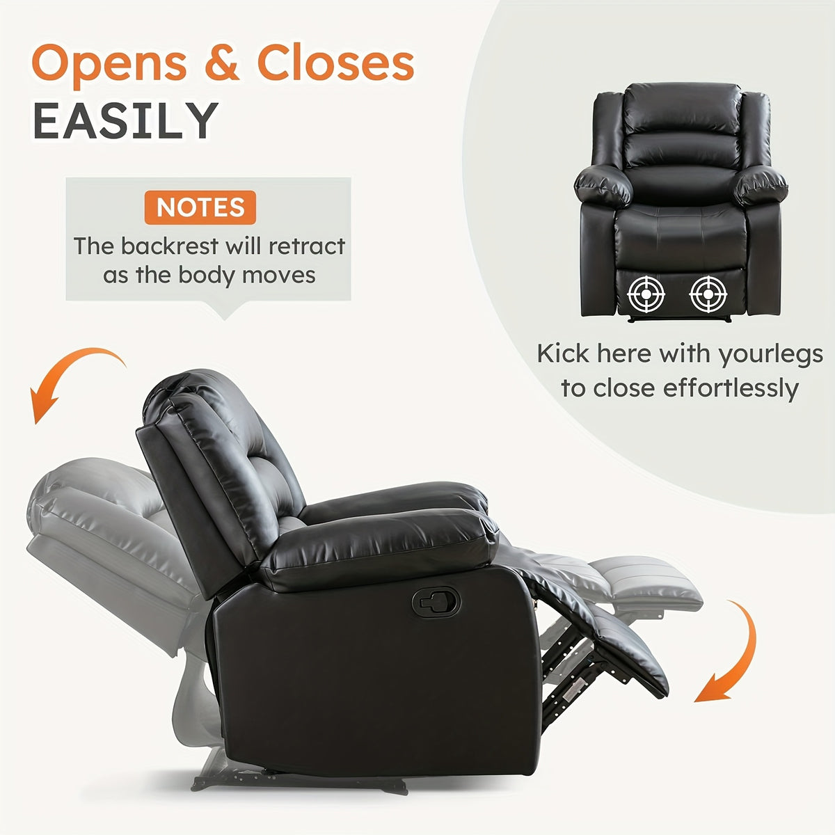 Black Recliner Chair with Overstuffed Arm and Back, Breathable Faux Leather Manual Reclining Chairs, Living Room Single Sofa Recliners