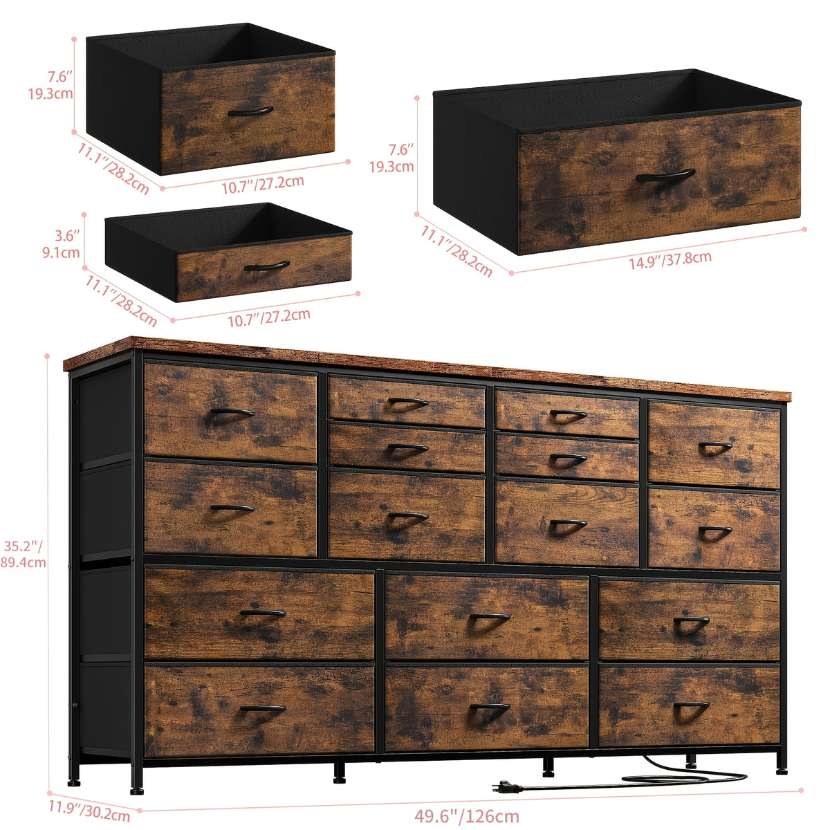 TV Stand Dresser for 60" TV Stand with Charging Station TV Stands for Living Room Long Dresser for Bedroom TV Stand with 16 Drawers Storage TV Stand for Bedroom Dresser 51.1''W X 11.8''D X 34.8''H