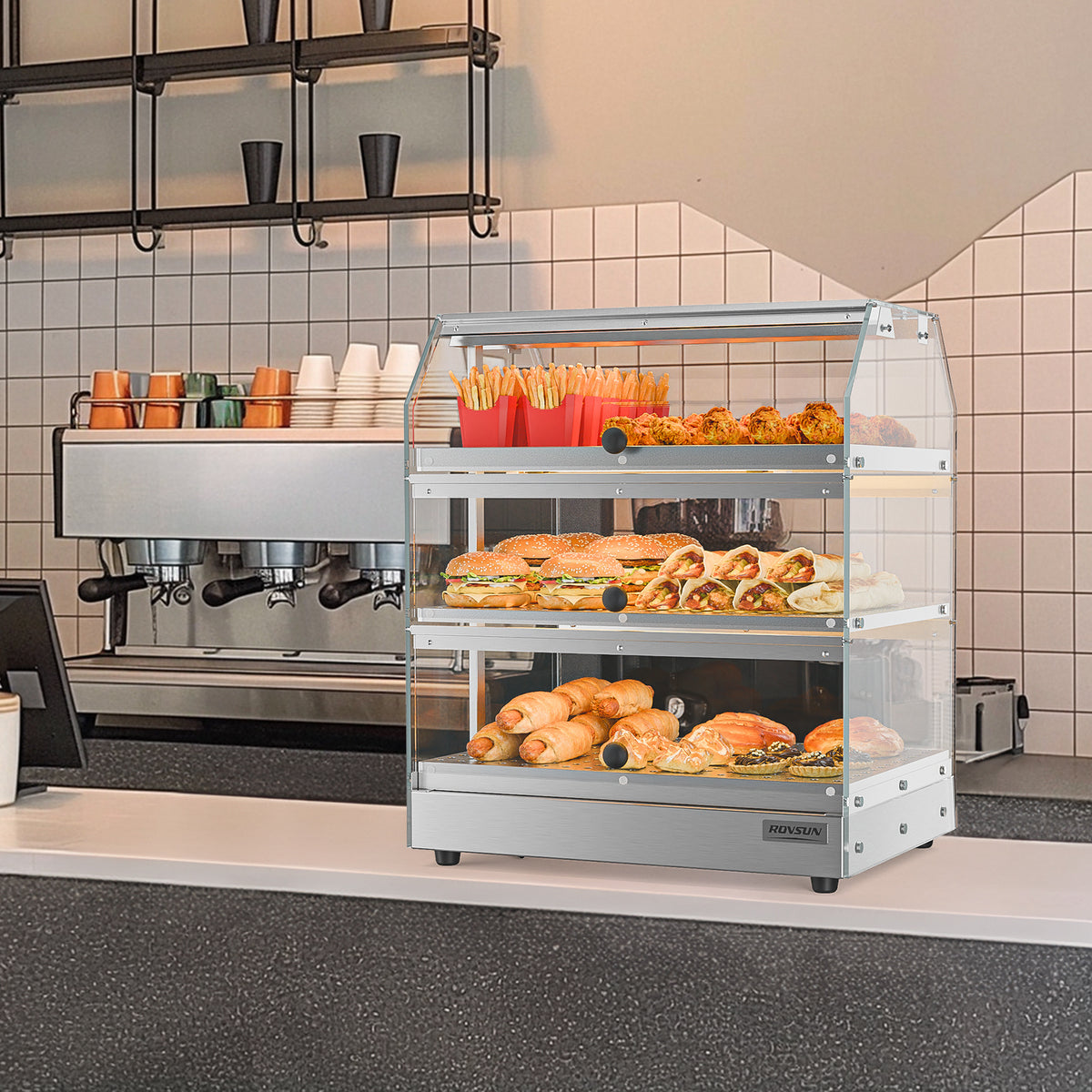 2-Tier Food Warmer Pizza Warmer Countertop, Food Warmer Display Pretzel Warmer with LED Lighting Front and Rear Doors, Electric Catering Hot Box Acrylic for Buffet Restaurant Cafe