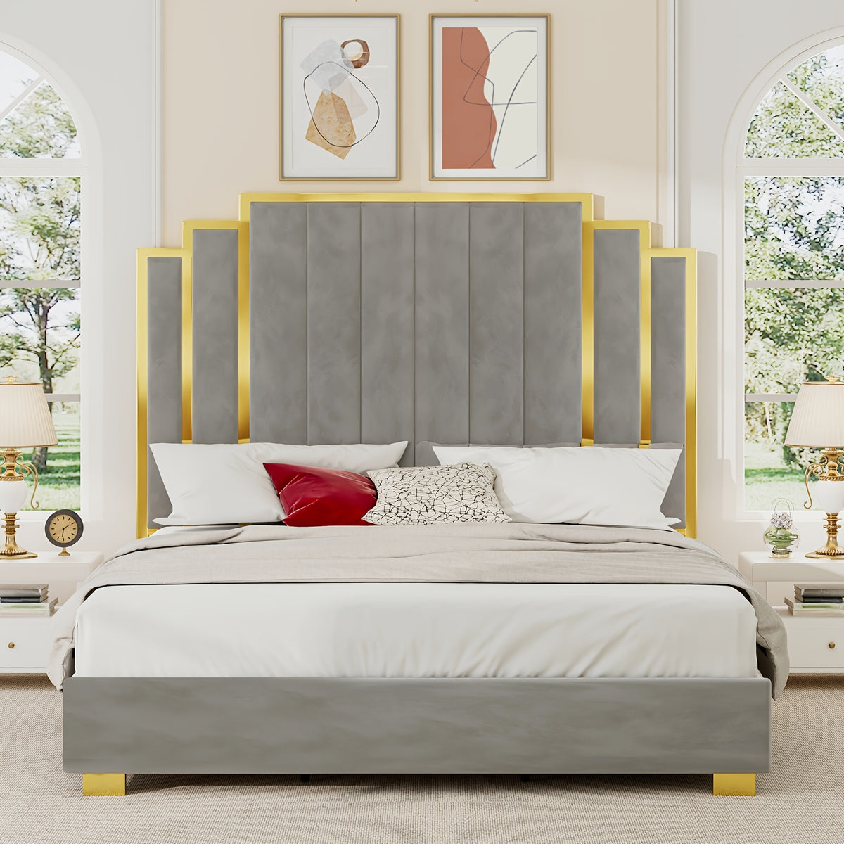 LUXOAK Modern Upholstered Bed Frame with 65" Headboard, Golden Plating Trim, Platform Design - No Box Spring Needed