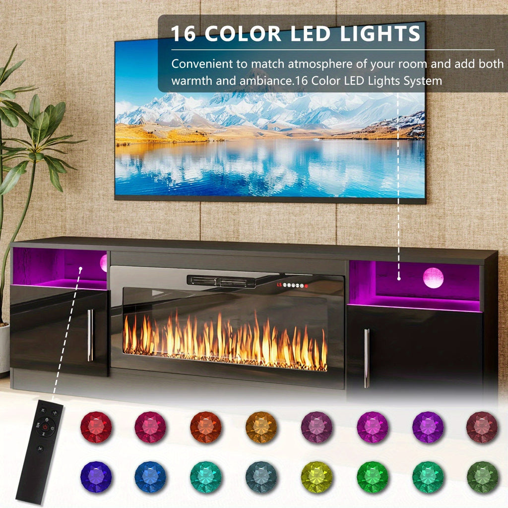 80" TV Stand Fireplace with 36" inch Electric Fireplace Up to 90" TVs, LED Light Entertainment Center, 80" Modern Wood High Gloss with Highlight Storage Cabinet for Living Room