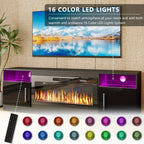 80" TV Stand Fireplace with 36" inch Electric Fireplace Up to 90" TVs, LED Light Entertainment Center, 80" Modern Wood High Gloss with Highlight Storage Cabinet for Living Room