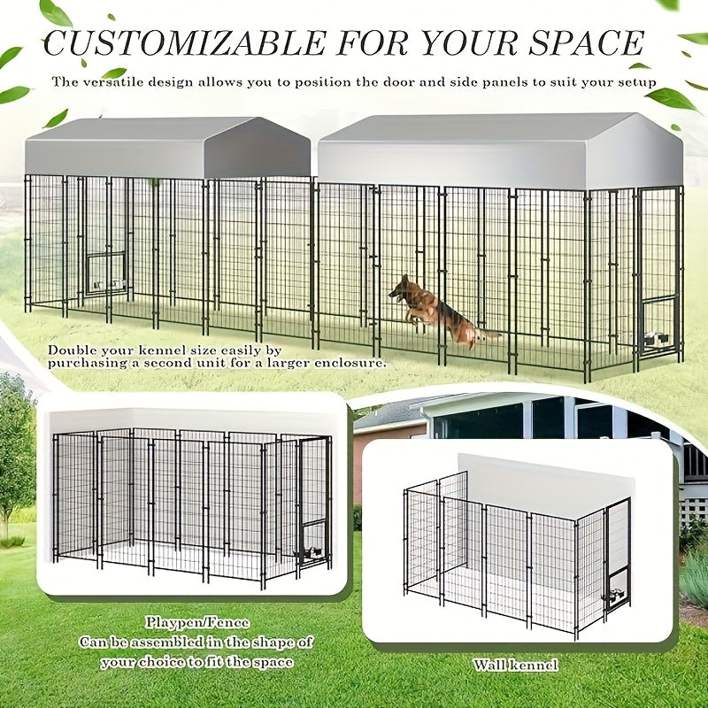 8x4x6 FT Outdoor Dog Kennel With Roof, Heavy Duty Dog Cage For Large Dogs, Outside Dog Enclosure With 2 Rotating Dog Bowls, Welded Wire Steel Dog Run Playpen Fence With Secure Lock