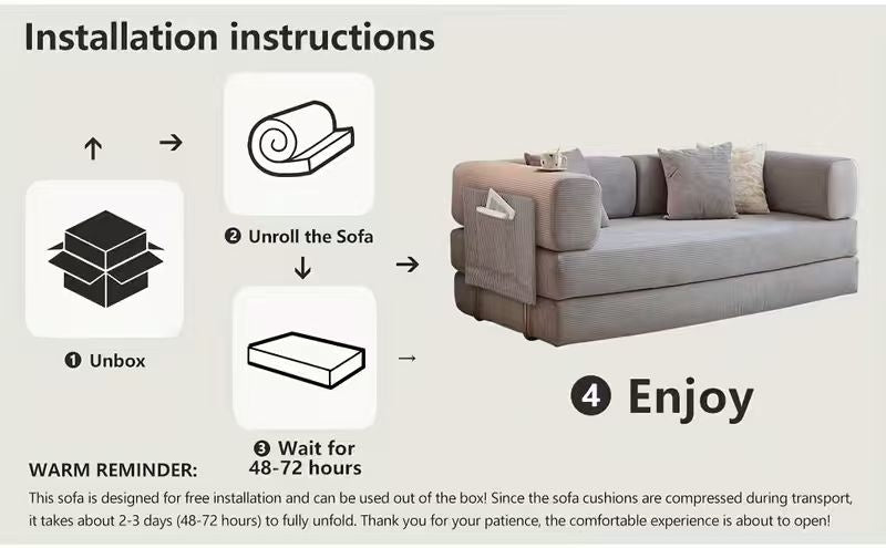 Boneless Sofa Bed, Convertible Modular Sofa With Armrest Pillow, Modular Sofa In A Box Compressed Memory Foam Sofa With Washable Sofa Cover For Living Room, Bedroom, Apartment, No Assembly