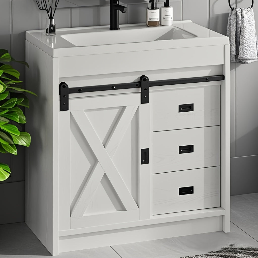 [Farmhouse Vanity With Sink] 31-Inch Farmhouse Style Bathroom Vanity With Ceramic Sink, Wall-Mounted Bathroom Sink Cabinet, With 2 Drawers And Sliding Barn Door, Modern Bathroom Vanity, With Metal Handles, Brown/Gray/Gray-White/White
