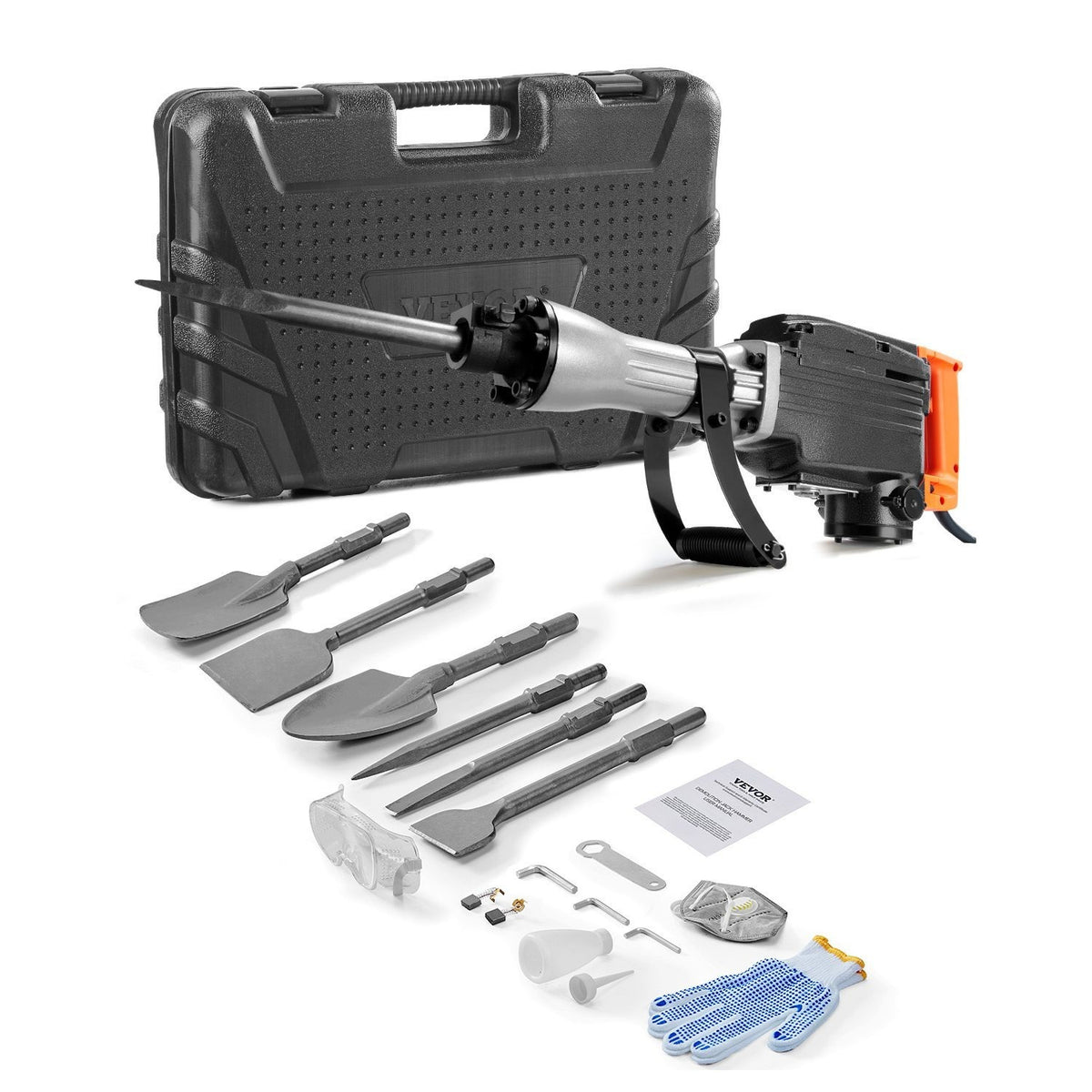 VEVOR Demolition Jack Hammer, 2200W 1350 BPM / 1400 BPM Jack Hammer Concrete Breaker, Heavy Duty Electric Jack Hammer 4pcs/6pcs Chisels Bit with Gloves, 360°C Swiveling Front Handle for Trenching and Breaking Holes