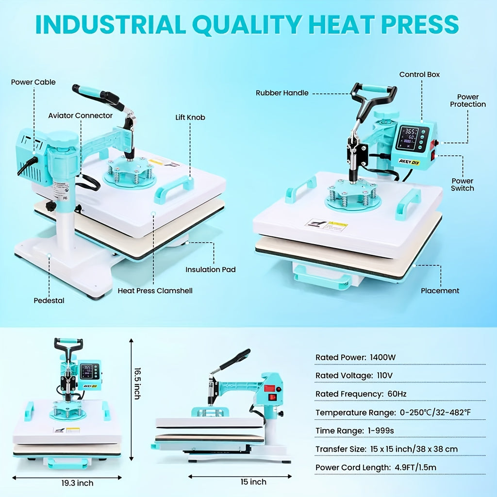 15"x15"/15"x12" - 8-in-1/ 5-in-1 Heat Press Machine Combo, Rotatable Design, Multi-Size Transfer Professional Sublimation Combination, Suitable for T-shirts, Bags, Pillows, Hats, Beanies, Roller - 3in 1 Auto Hat Press Can Only Press Hats