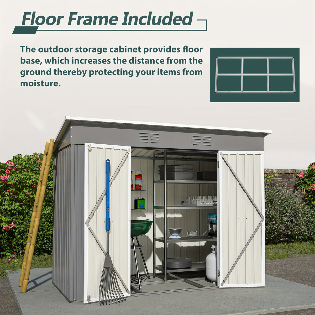Outdoor Metal Storage Shed, 8' x 4' Gray Backyard Organizer with Lockable Door and Floor Frame