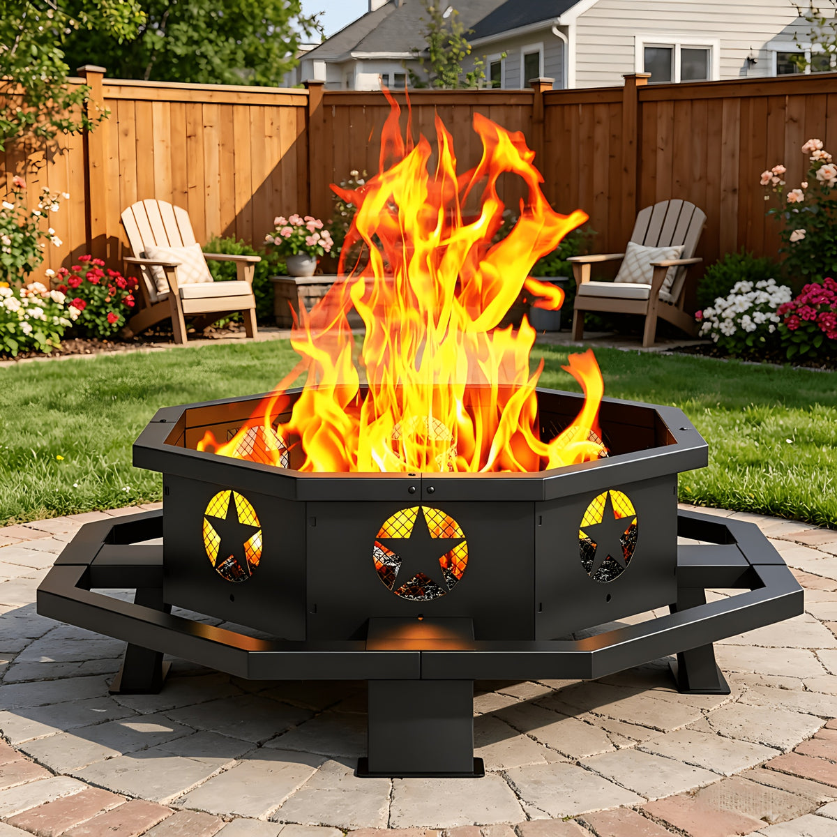 43 Inch Fire Pit For Outside Wood Burning, Outdoor Octagonal Fire Pit With Poker, Large Firepit For Camping, Backyard, Patio, Black
