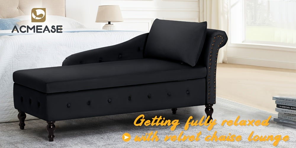ACMEASE 57" Velvet Upholstered Storage Chaise Lounge With Pillow, Nailhead Trim Chaise Sofa For Living Room