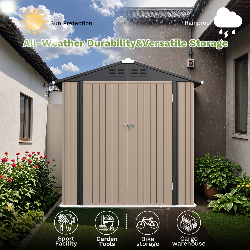 [Garden Storage Shed] GUNJI 5X3 FT And 6X4 FT And 8X6 FT Garden Storage Shed with Base Foundation, Heavy Duty Galvanized Steel Weatherproof Outdoor Tool Shed for Backyard Patio Lawn, Rust Resistant Lockable Door Tool House for Gardening Equipment Bike Sto