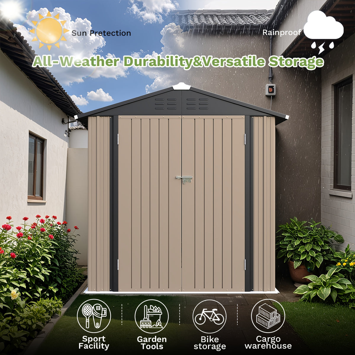 [Garden Storage Shed] GUNJI 5X3 FT And 6X4 FT And 8X6 FT Garden Storage Shed with Base Foundation, Heavy Duty Galvanized Steel Weatherproof Outdoor Tool Shed for Backyard Patio Lawn, Rust Resistant Lockable Door Tool House for Gardening Equipment Bike Sto