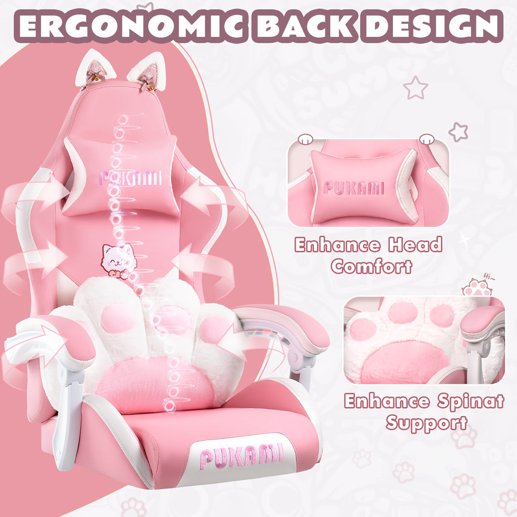 Adorable Pink Gaming Chair Featuring Cat Ears And a Paw-Shaped Lumbar Cushion, Designed Ergonomically For, Complete with a Footrest And Headrest, Providing a Cozy Reclining Experience for Both Adults And Teens