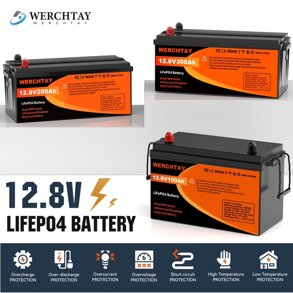 [Intelligent BMS Protection] WERCHTAY 12.8V LiFePO4 Battery 300/200/100Ah, Equipped with A+ Grade Battery Chips, 25000+ Deep Cycle Cycles, Intelligent BMS with Overcharge and Over-Discharge Protection, Suitable for Home Energy Storage, Outdoor RVs, and Of