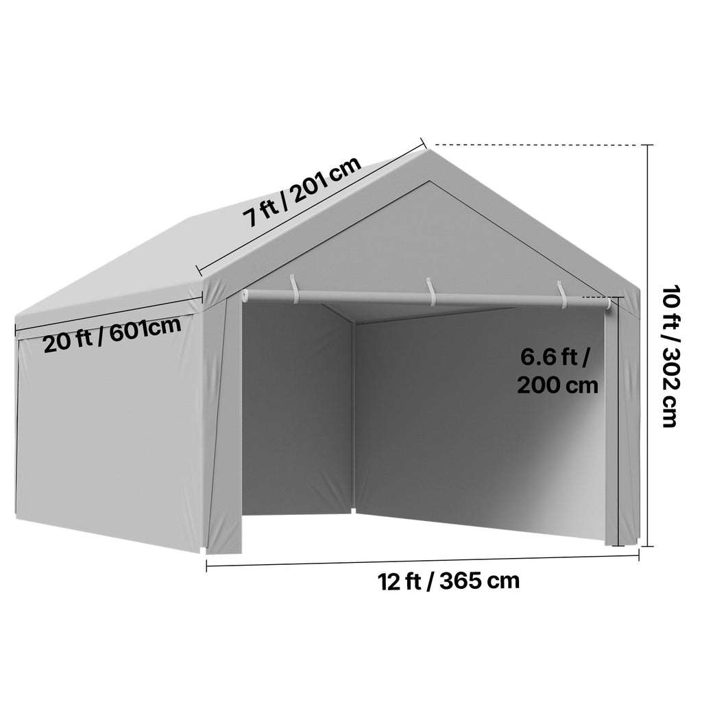 VEVOR Carport Replacement Canopy, 10 x 20 ft / 12 x 20 ft / 13 x 20 ft / 20 x 20 ft Potable Garage Tent Top Tarp with Sidewalls, UV-Resistant & Waterproof, Heavy Duty Car Shelter Tarp with Ball Buggees, Beige / Grey, Frame Not Included