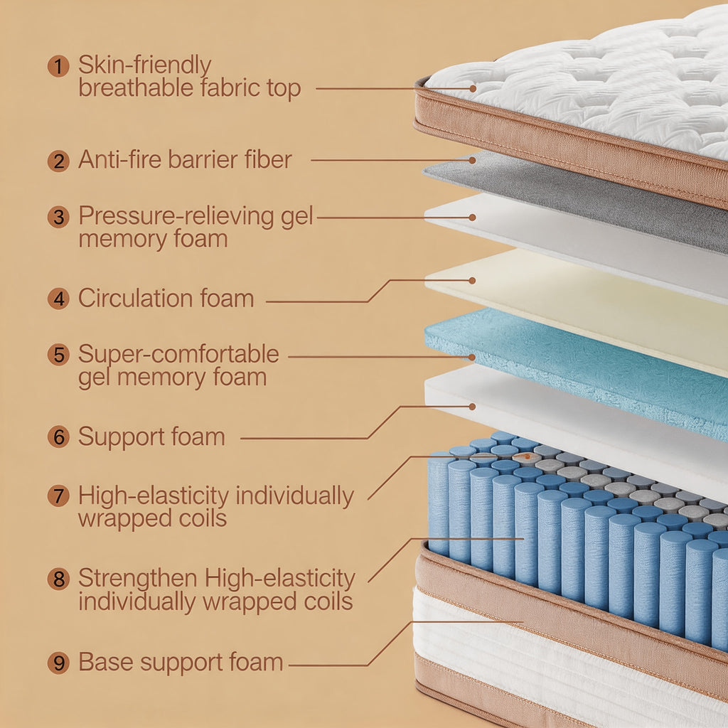 Queen Size 12/14 Inch Mixed Mattress Box - Memory And Spring Bed with Sports Isolation, Medium Hardness, Allergy Resistant Mattress Box Design, No Bedbox/Base Required, Easy to Install (Suitable for Full/Queen/King Sizes)