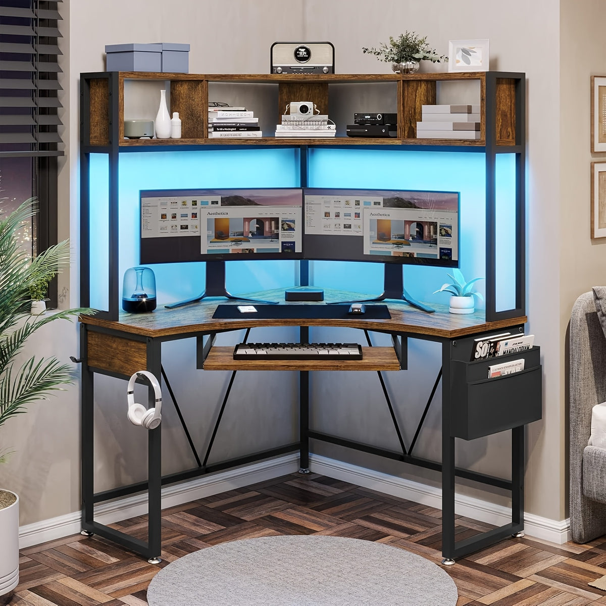 Corner Computer Desk with RGB LED Lights and Space-Saving Keyboard Tray plus Two-Tier Shelf Storage