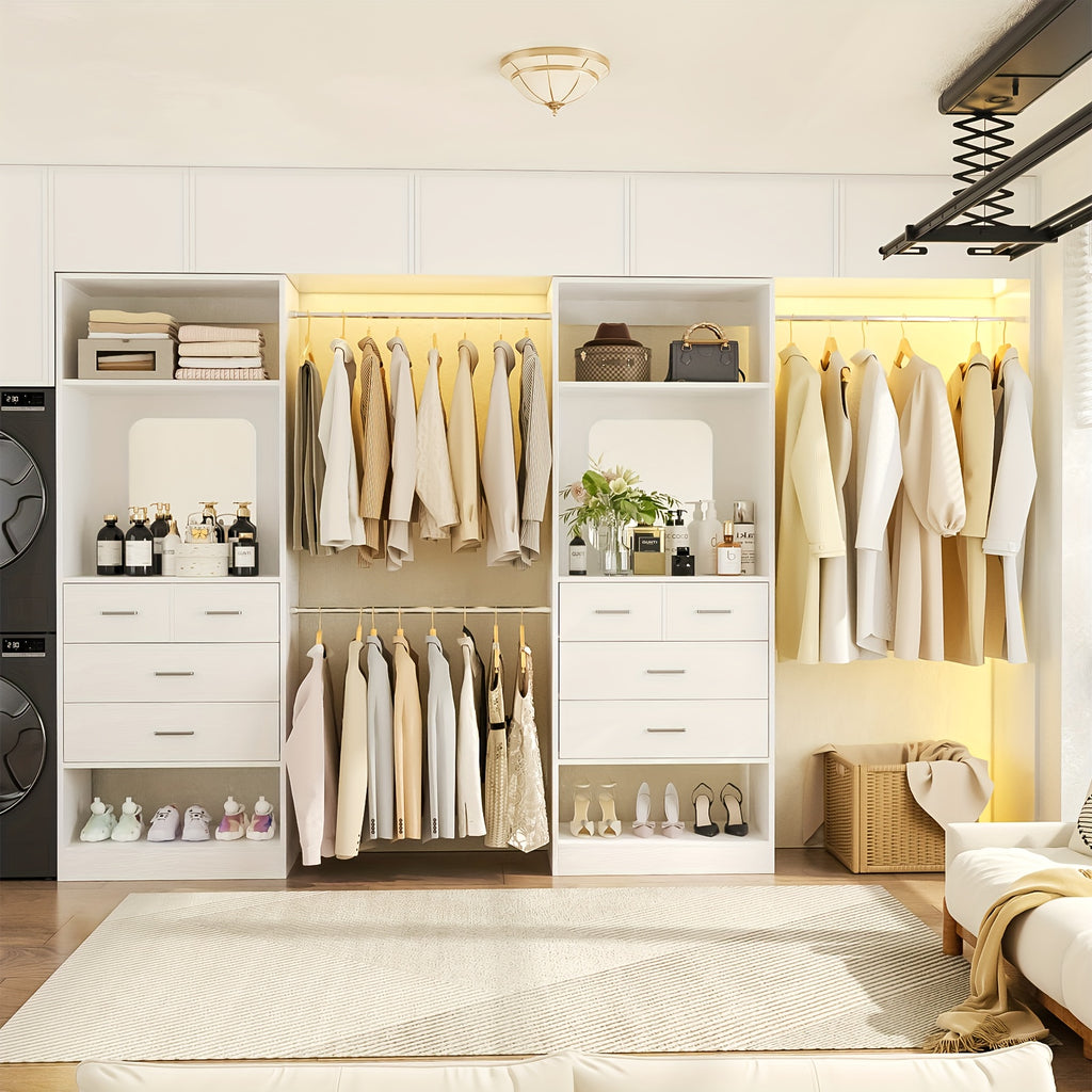 Besiost Closet Systems, 6-14ft Walk In Closet Organizer with 8 Drawers And Mirror, 168" Large Wood Closets Insert with Tower, Sturdy Wardrobe Closets Garment Rack with Extendable Hanging Rods, White