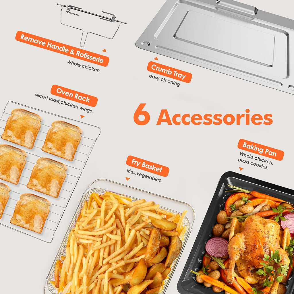32QT Extra Large Air Fryer Oven Combo, 21-In-1 Tabletop Convection Oven with Rotisserie And Dehydrator, 6pcs Additions, 1800W Dual Cooking Presets (Silvery), Kitchen in The Box Brand