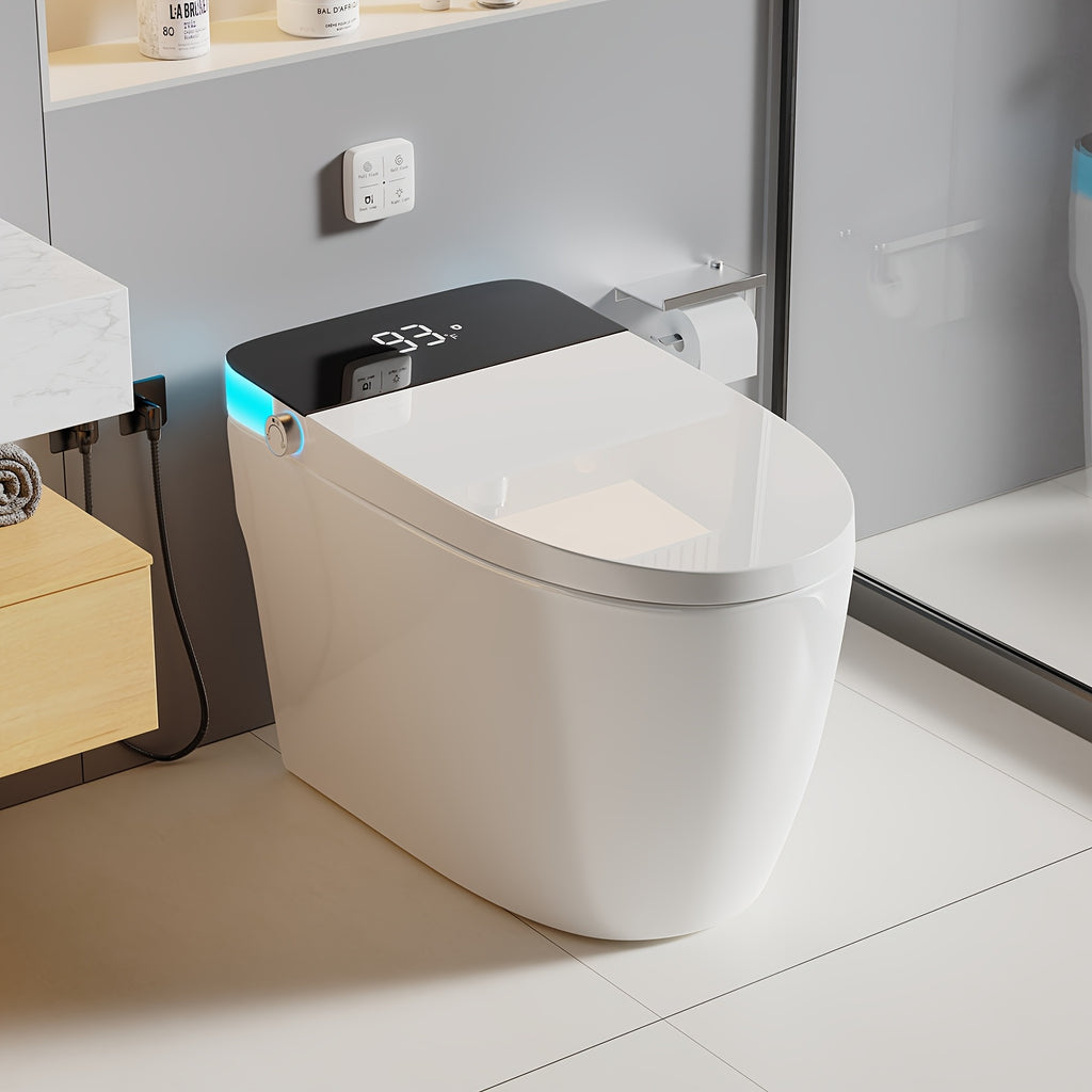 Smart Toilet With Manual Flip Lid, Toilet With Adjustable Remote Control And Heated Seat And Night Light, Modern Tankless Toilet For Bathroom With Damping Jog, Drying And Foot Sensor Flush