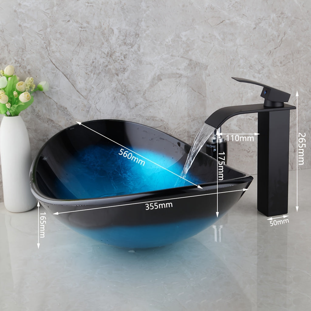 Contemporary Oval Bathroom Sink - Tempered Glass, Black & Blue with Waterfall Faucet and Pop-Up Drain, Durable Countertop Basin