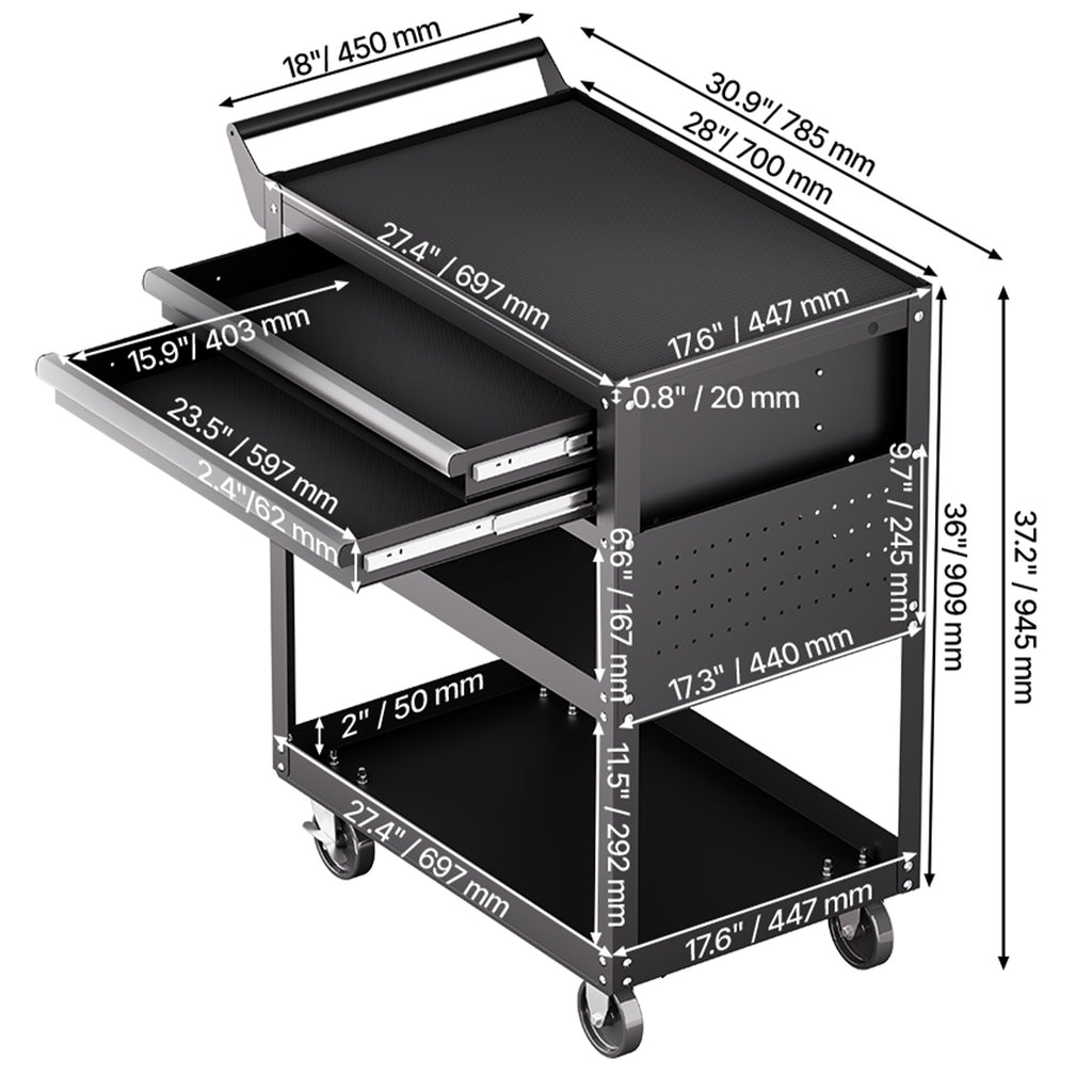 VEVOR 5-Tier Tool Cart on Wheels 400 lb Rolling Work Cart with Drawer & Pegboard
