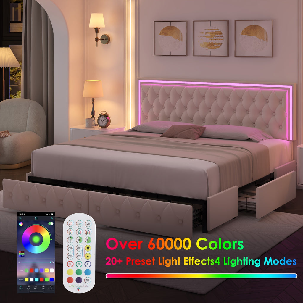 Full/Queen/King Size Modern Bed Frame with LED Headboard & 4 Storage Drawers - Upholstered Platform Bed, Button Tufted Headboard Suitable for Beige/White/Black - Assembly, No Box Spring Needed, Wood-Free