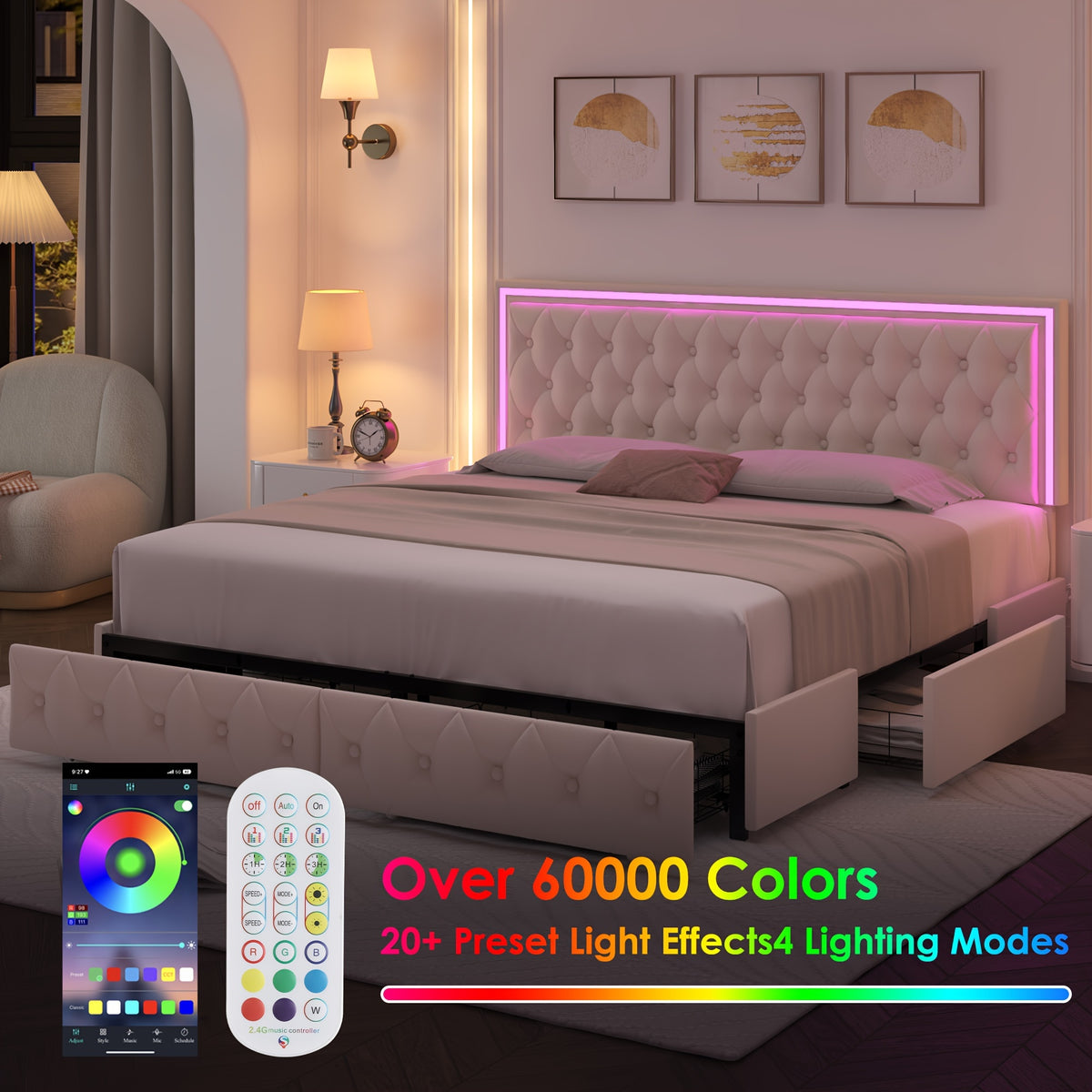 Full/Queen/King Size Modern Bed Frame with LED Headboard & 4 Storage Drawers - Upholstered Platform Bed, Button Tufted Headboard Suitable for Beige/White/Black - Assembly, No Box Spring Needed, Wood-Free