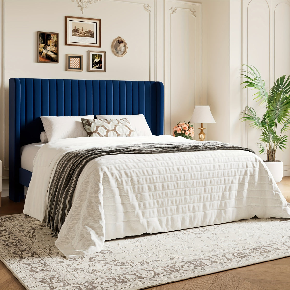 WEEWAY Wingback Velvet Upholstered Platform Bed Frame, Vertical Channel Tufted Headboard, Wooden Slats Support, Heavy Duty Mattress Foundation, No Box Spring Needed, Easy Assembly, Avabliable Full/Queen/King Size, Free Shipping