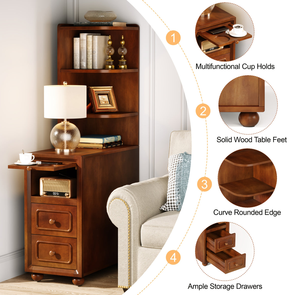 A Sleek Nightstand Made of Solid Wood in a Mid-Century Modern Style, Featuring a Robust And Durable Build, Designed to Save Space in Your Bedroom Or Living Room (1pc)