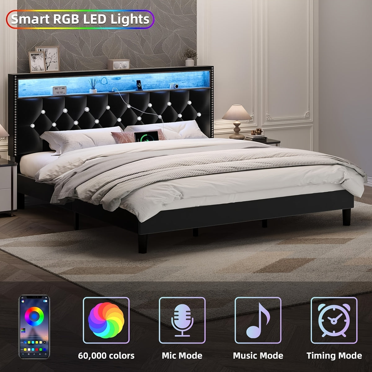Bed Frame with LED Lights, Velvet Upholstered Platform Bed with Storage Headboard, Charging Station And Diamond Tufted Design - No Box Spring Required - Easy Assembly - Black