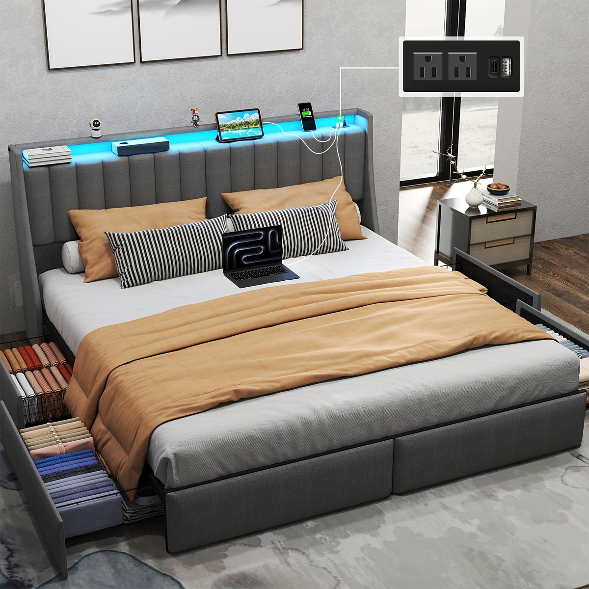 Full Queen King Bed Frame with 2 Storage Drawers And Luxury Wingback Upholstered Button Tufted Storage Headboard, Charging Station, Storage Headboard & LED Lights, Noise-Free-Dark Gray