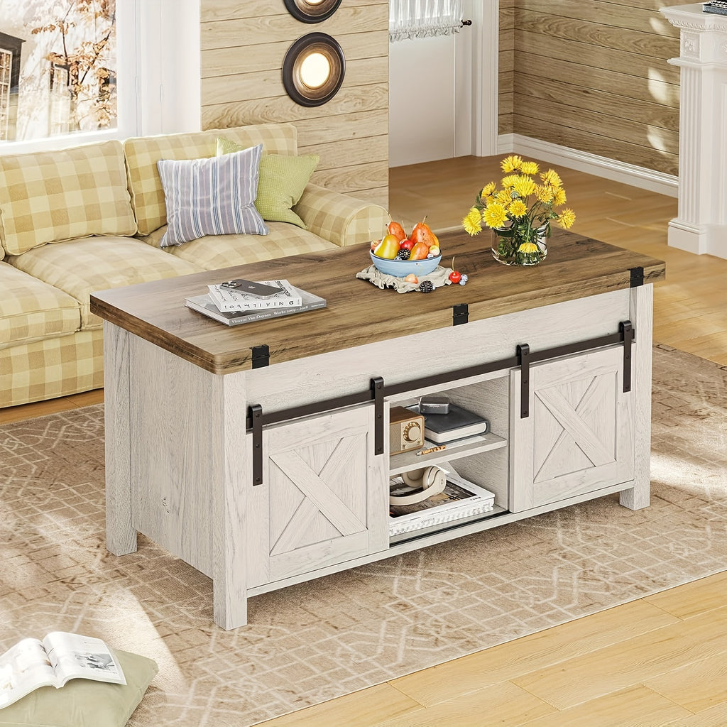 Farmhouse Lift Top Coffee Table with Hidden Compartments And Open Shelves, Center Table with Sliding Barn Door for Living Room Home Office, Light Oak Gray
