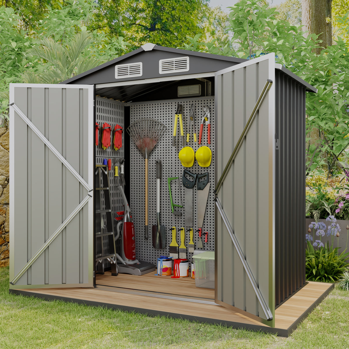 6X4Ft Patio Outdoor Storage Shed with Double Sloping Roof Design, Rain And Sun Protection And Wind Protection, Lockable Door for Bicycles, Power Tools, Farm Tools And Other Sundries, Four Vents