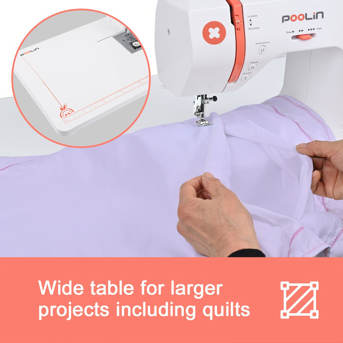 Poolin EOC02-RE Electronic Sewing Machine For Business Owner, 293 Stitches, 7 Presser Feet, Adjustable Sewing Speed, Widened Sewing Table, One-button Sewing, Come With Self Threading And Twin Needle For Wedding, Mother'S Day, Women