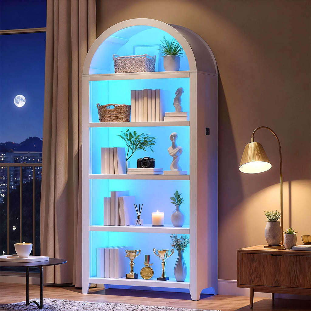 68.9" Arched Display Bookshelf Cabinet - 5-Tier Open Storage Shelf, Freestanding Tall Bookcase for Living Room, Dining Room Or Office (Multiple Finishes)