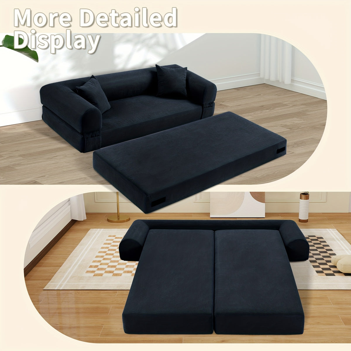 80" Convertible Sofa Bed, 3-in-1 Corduroy Folding Pull Out Couch with Pillows, No Assembly Modern Boneless Couch Compression Sofa In Box, Floor Sofa with Side Storage Pocket for Living Room